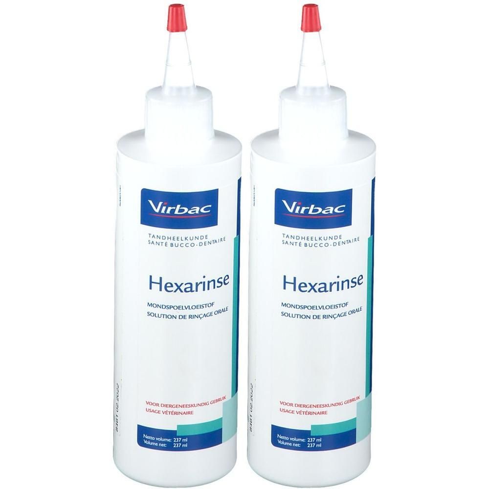 Twee flessen Virbac Hexarinse mondspoeling, 227 ml.
