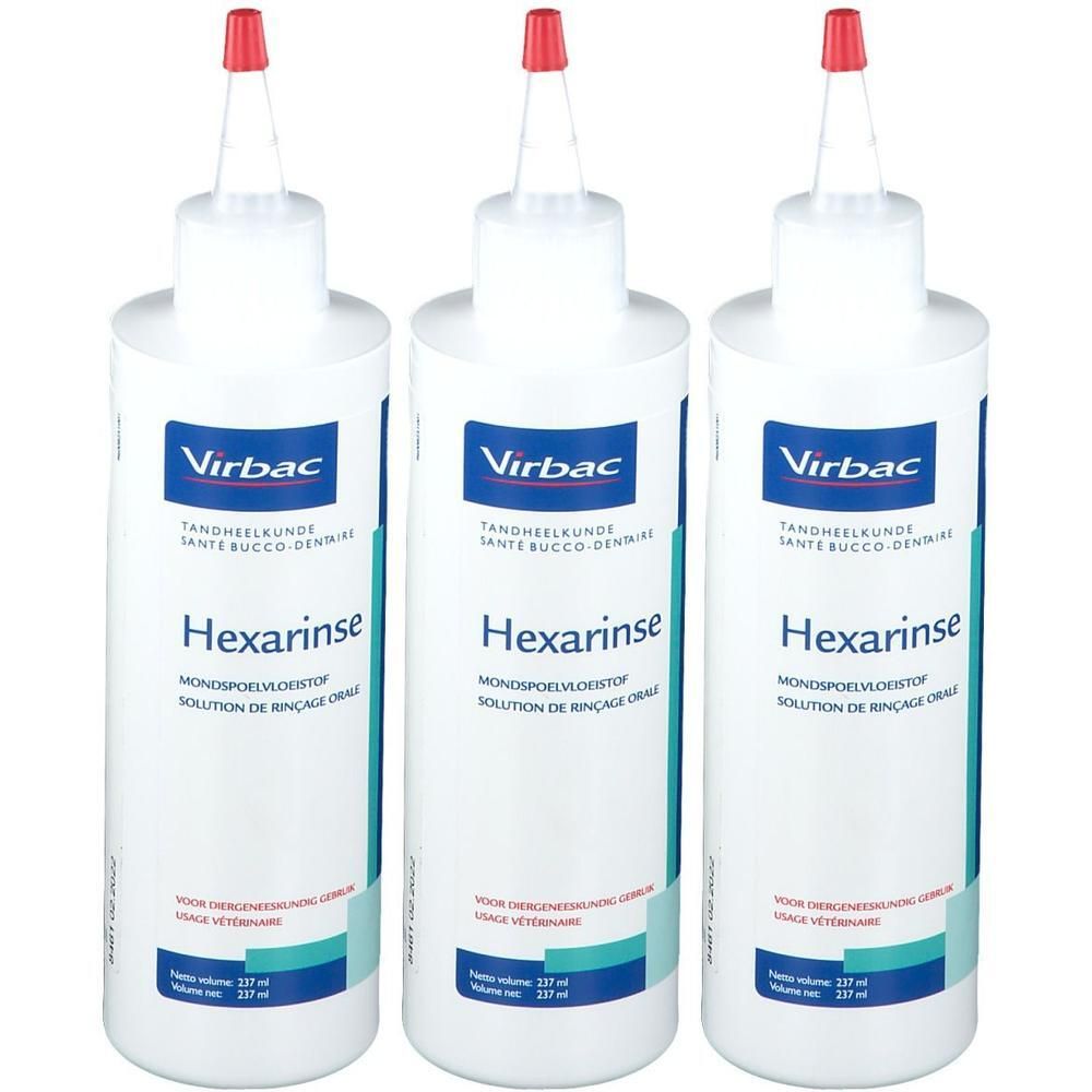 Trois flacons blancs de Virbac Hexarinse, solution de rinçage buccal, avec bouchons rouges et étiquettes bleues.
