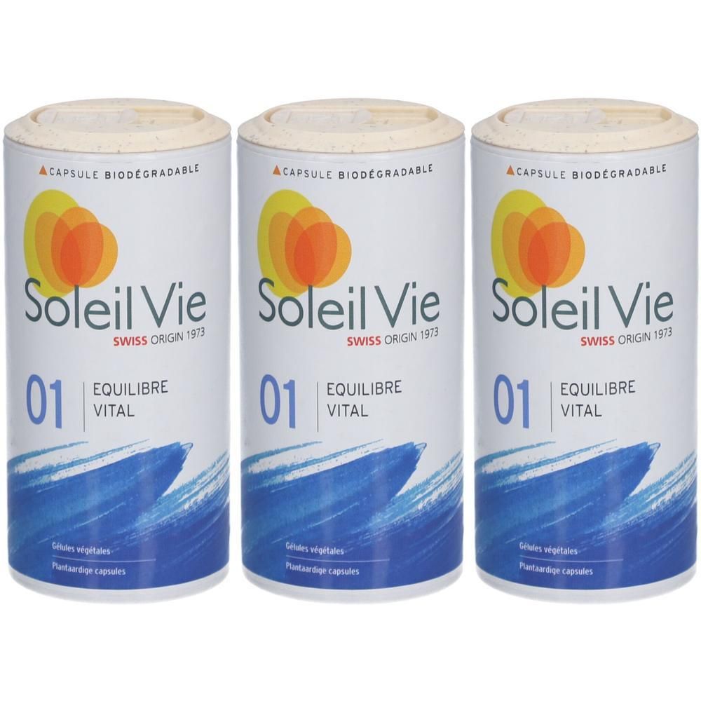 Trois boîtes L'Equilibre Vital, 01, Swiss Origin 1973, capsules biodégradables.