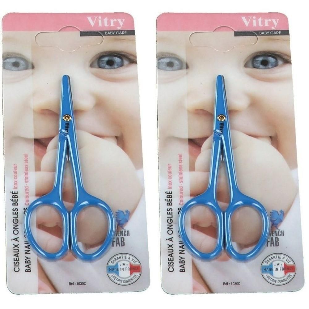 Ciseaux Vitry pour bébé, bleus, en acier inoxydable, sous blister.