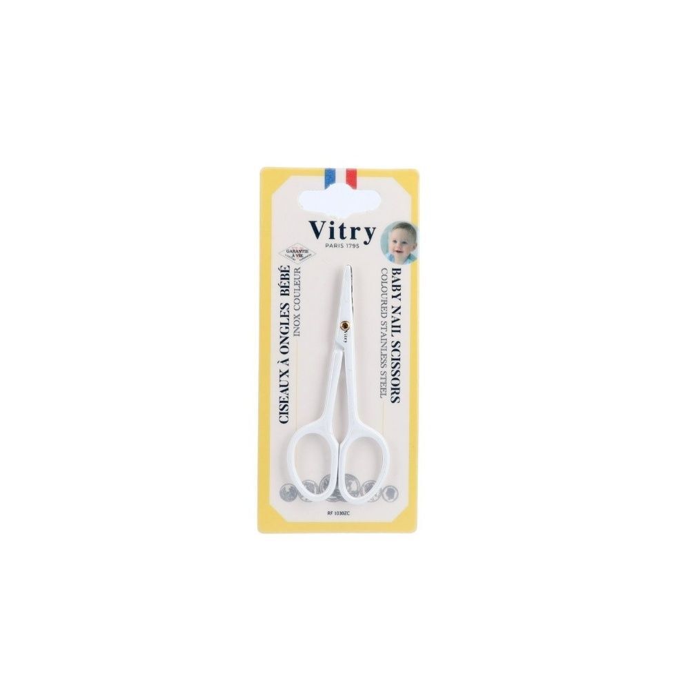 Ciseaux Vitry pour bébé, blancs, en acier inoxydable, sous blister.