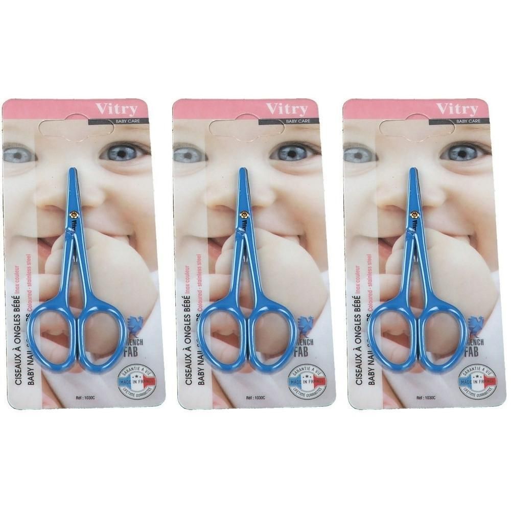 Drie blauwe babyskaren van roestvrij staal, verpakt met babygezicht-design.