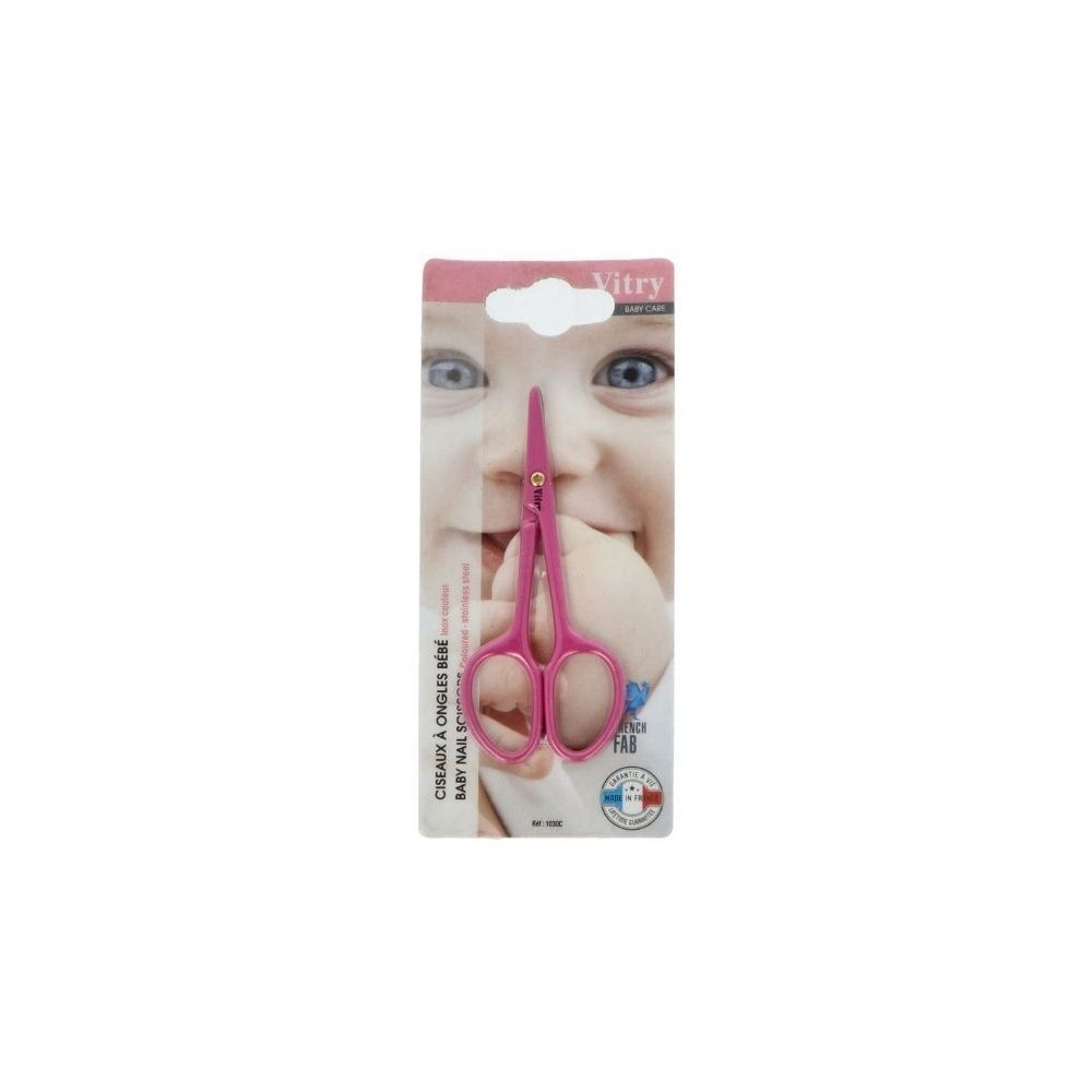 Un ciseau rose pour bébé en acier inoxydable, emballé avec un design de visage de bébé et logo Vitry.
