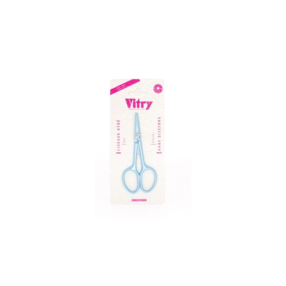 Un ciseau bleu clair pour bébé en acier inoxydable dans un emballage rose avec logo Vitry.