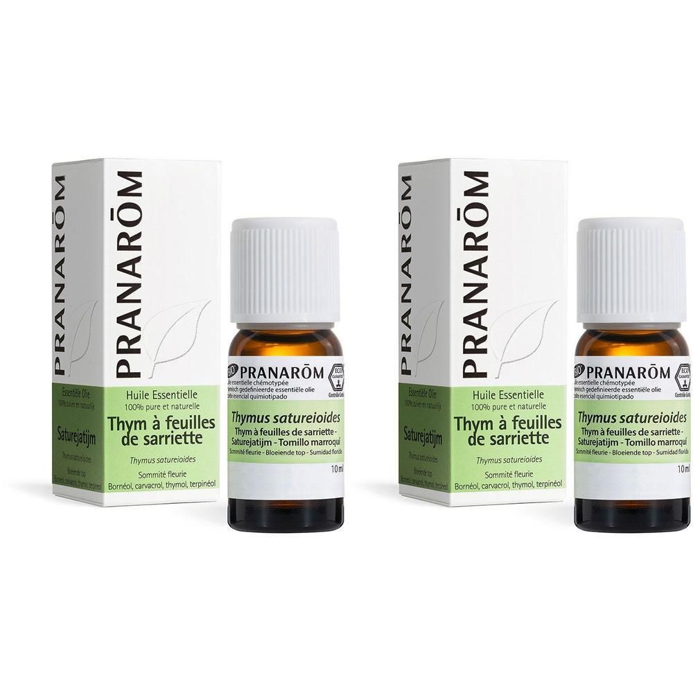 Deux flacons d'huile essentielle de Thym à feuilles de Sarriette Pranarôm, 10ml.