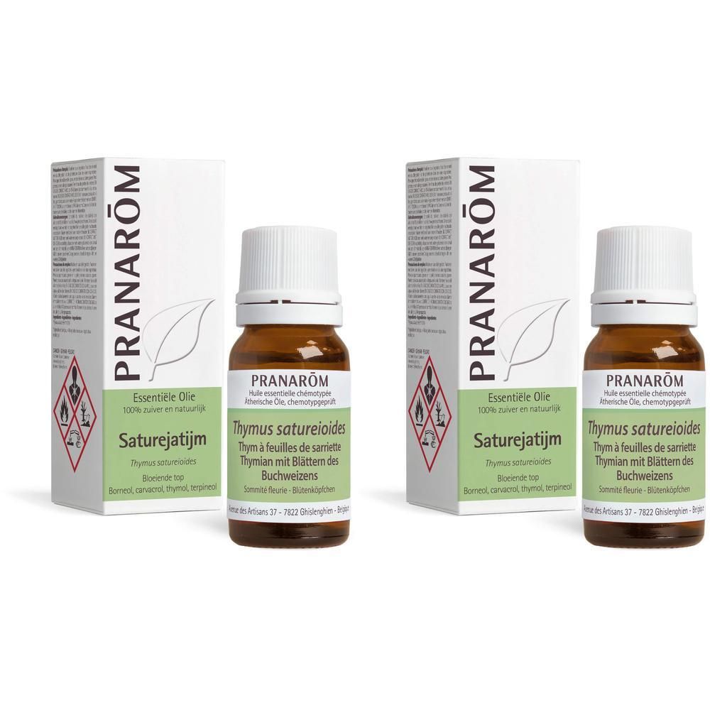 Twee flesjes Pranarôm essentiële olie van Bonenkruid-Tijm, 10ml.