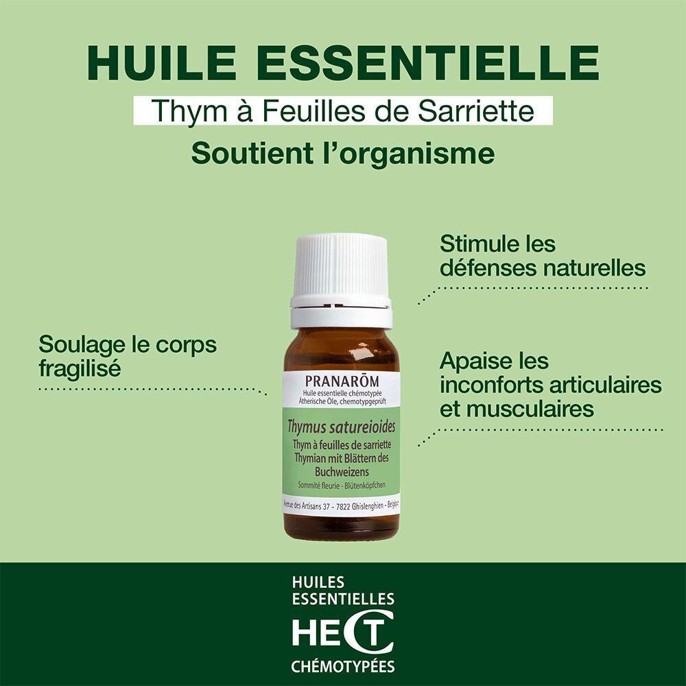 Flacon d'huile essentielle Pranarôm Thym à feuilles de sarriette avec texte sur les bienfaits.