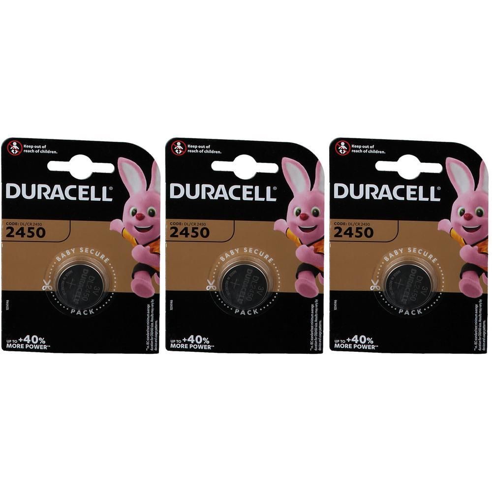 Drie Duracell 2450 batterijen in blisterverpakking met konijnenafbeelding.