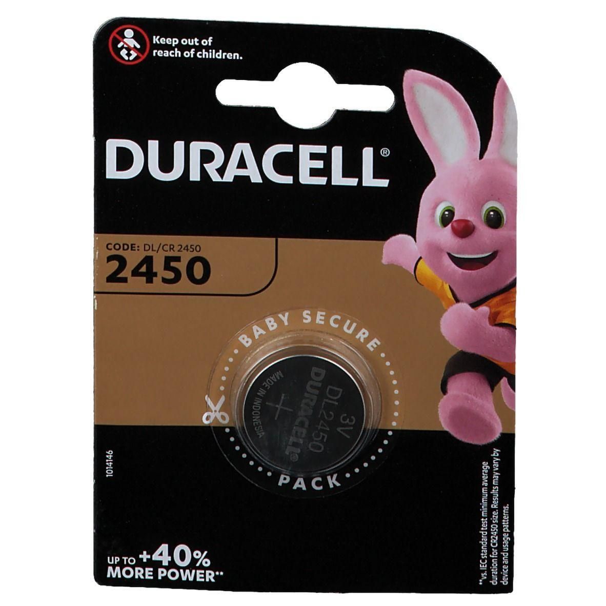 Duracell DL2450 3V knoopcelbatterij in blisterverpakking met konijnenmascotte.