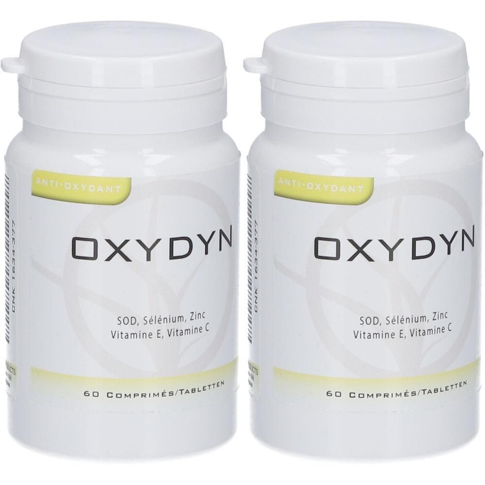 Deux flacons Dynarop Oxydyn, 60 comprimés par flacon, avec SOD, Sélénium, Zinc, Vitamine E, Vitamine C.