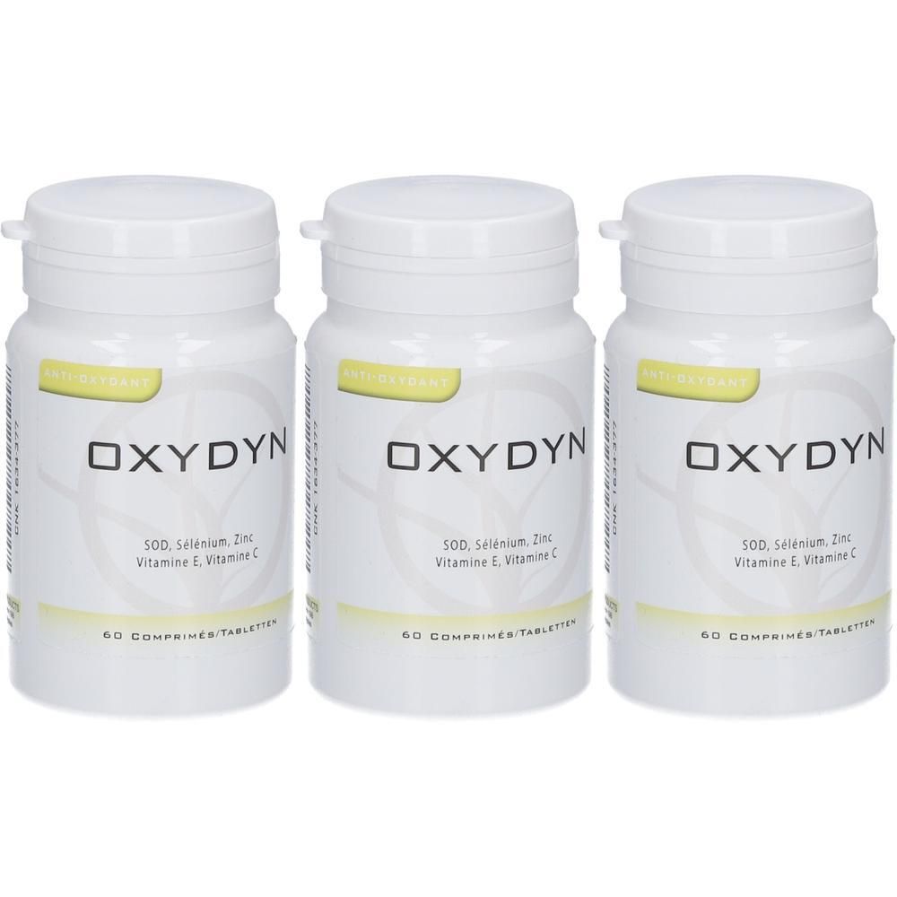Drie witte flacons met Dynarop Oxydyn tabletten. Elke flacon bevat 60 tabletten.