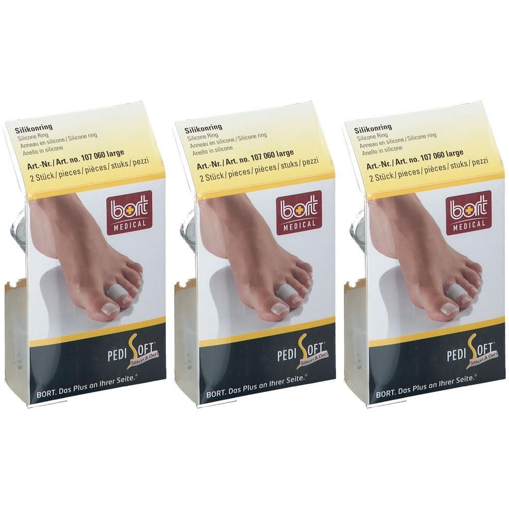 Trois paquets d'anneaux en silicone Bort Pedisoft pour orteils. Chaque paquet contient 2 pièces.