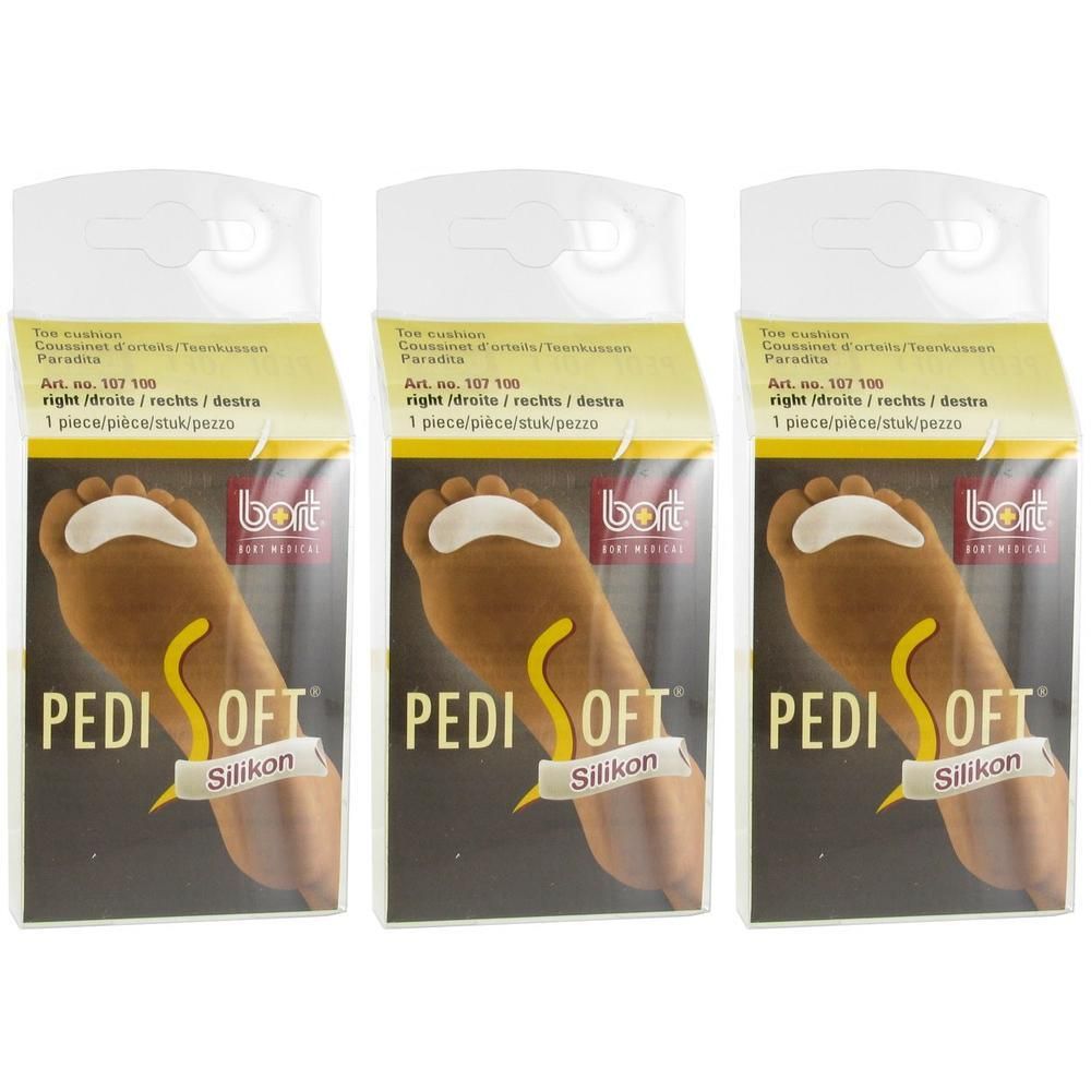 Trois paquets de coussinets d'orteil Bort Pedisoft en silicone pour le pied droit.