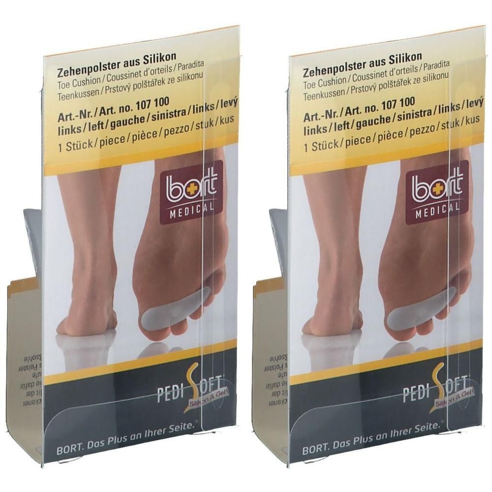Deux paquets de coussinets d'orteil en silicone pour le pied gauche.
