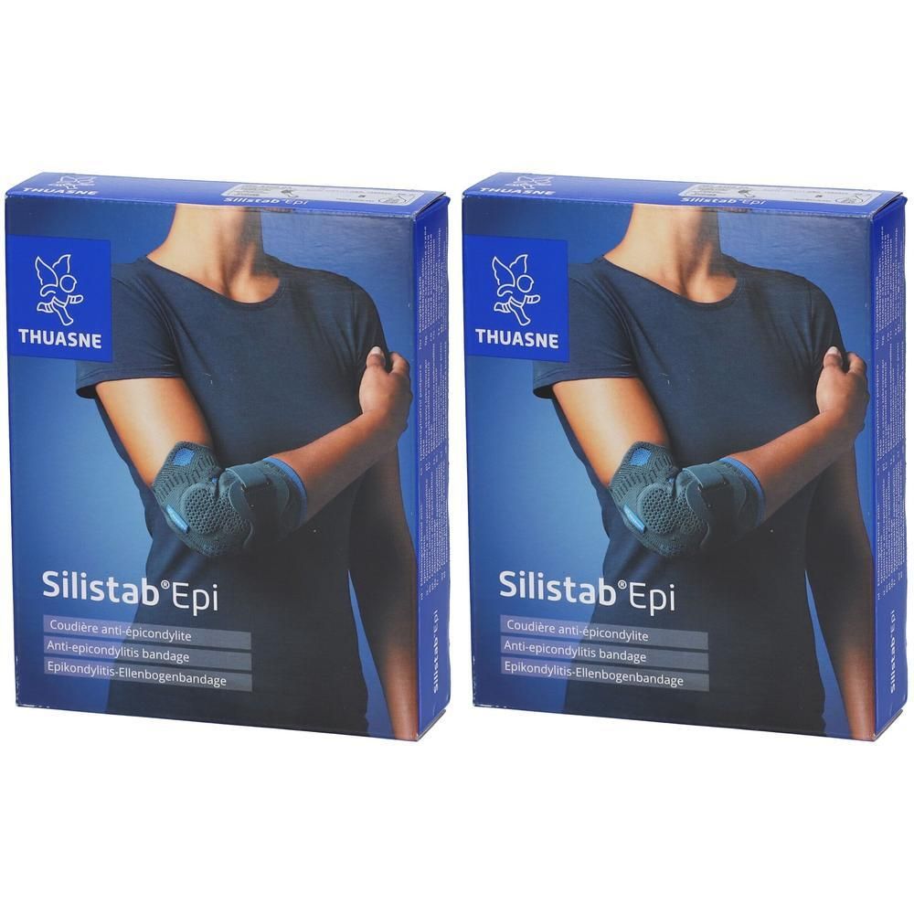 Deux boîtes de bandages de coude Thuasne Silistab Epi. Emballage bleu avec image d'une personne portant le bandage.