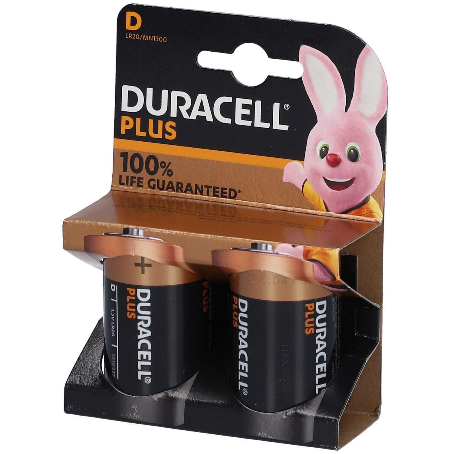 Deux piles Duracell D dans un emballage blister avec le lapin Duracell.