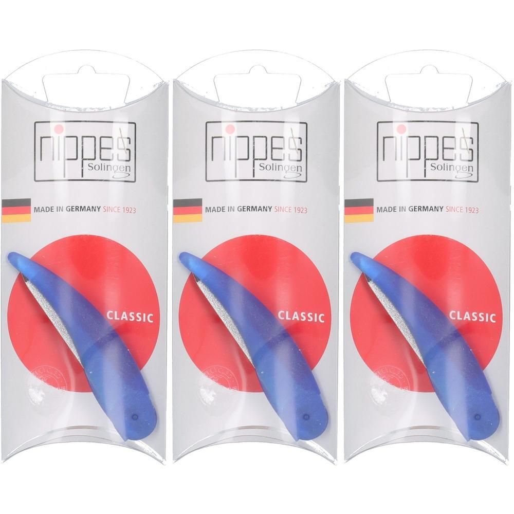Drie verpakkingen Nippes Solingen nagelriemduwers, blauw, met rode cirkel en "CLASSIC"-opschrift.