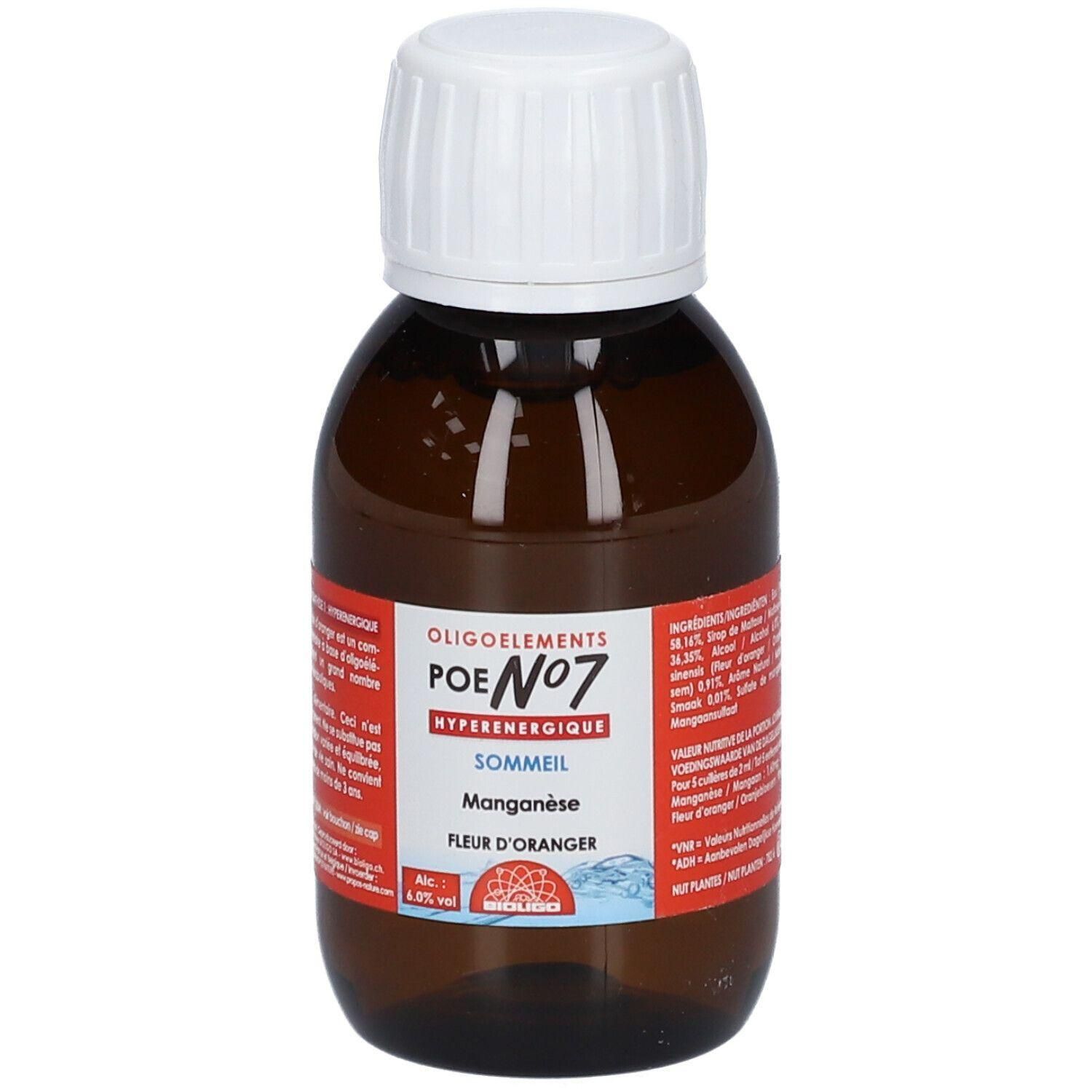 Bruine glazen fles met witte schroefdop. Etiket met "Oligoelements POE N°7 Sommeil Manganèse Fleur d'Oranger".