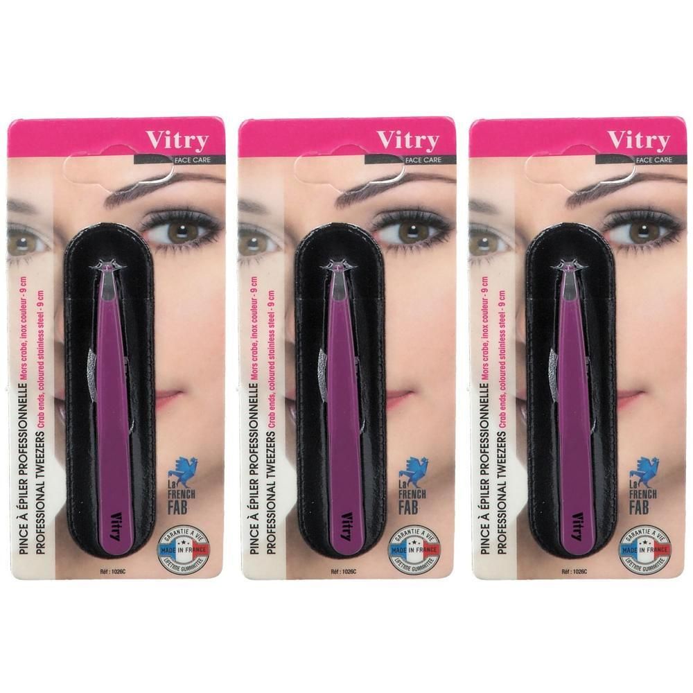 Trois pinces à épiler Vitry violettes, chacune dans un emballage blister avec une image d'yeux.