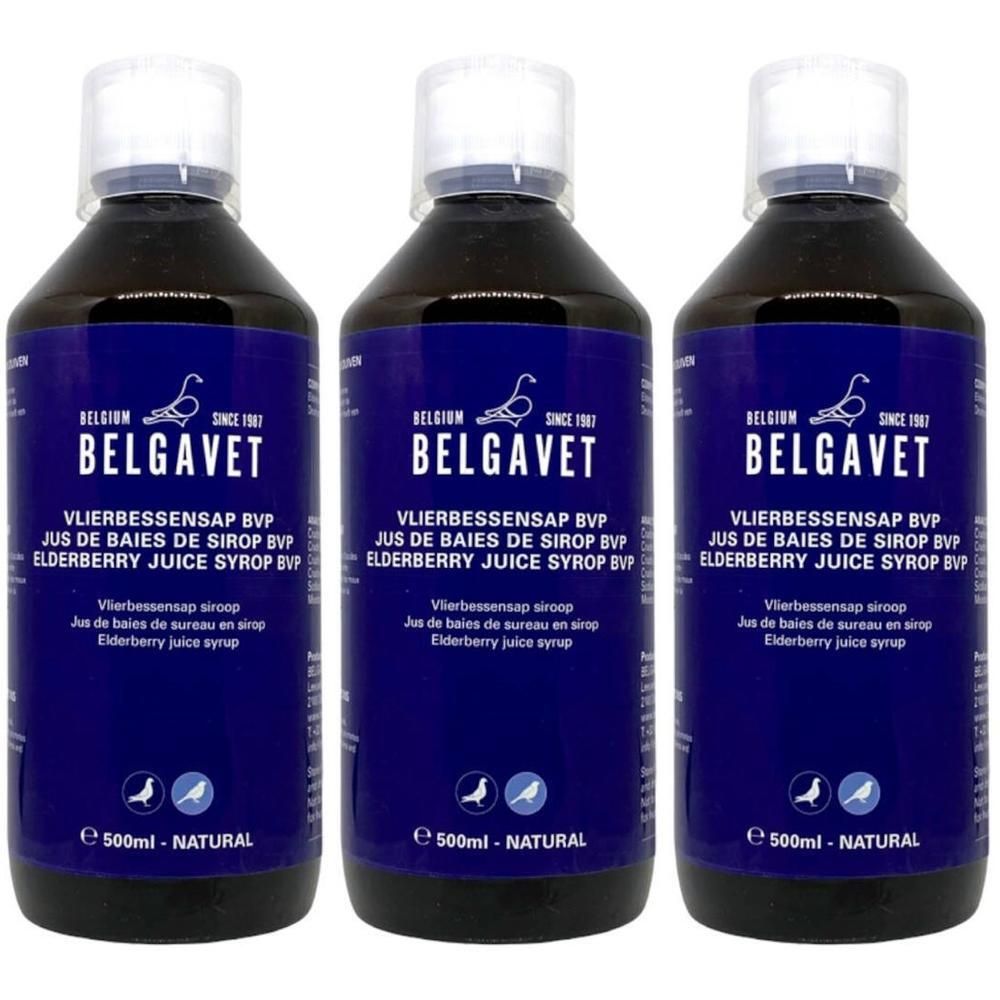 Trois bouteilles de sirop de sureau Belgavet, 500ml chacune.