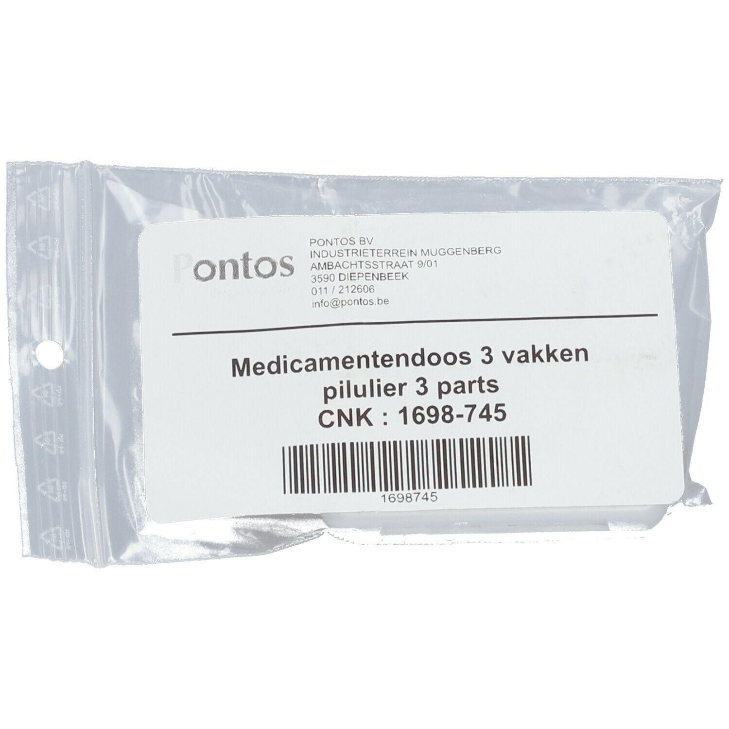Medicijndoos met 3 vakken, kunststof, verpakt.