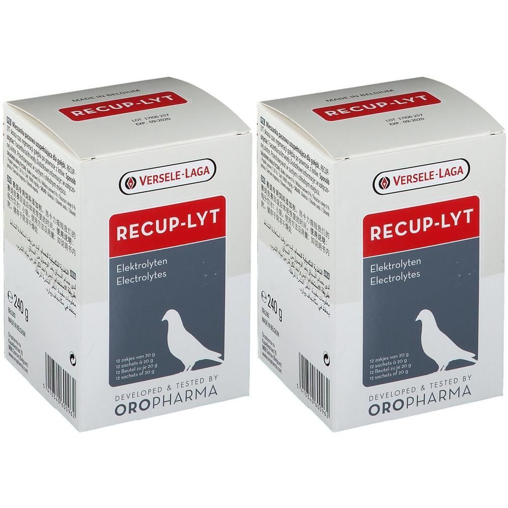 Deux boîtes de Versele-Laga Recup-Lyt Électrolytes pour pigeons. Chaque boîte contient 240g.