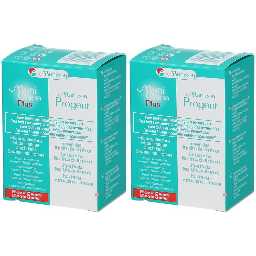 Deux boîtes de solution de nettoyage pour lentilles Menicare Plus Progent. Pour lentilles rigides perméables.