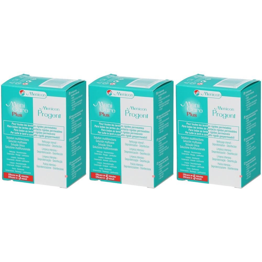 Drie verpakkingen Menicare Plus Progent, blauw-witte doos met tekst.