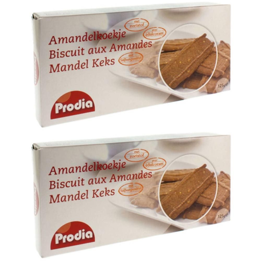 Prodia Biscuit aux Amandes: Deux paquets de biscuits aux amandes, un paquet montre des biscuits sur une assiette.