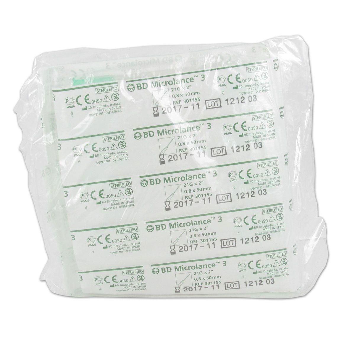 Verpakking van meerdere steriele BD Microlance 3 naalden, 21G 2, 0.8x50 mm, groen.