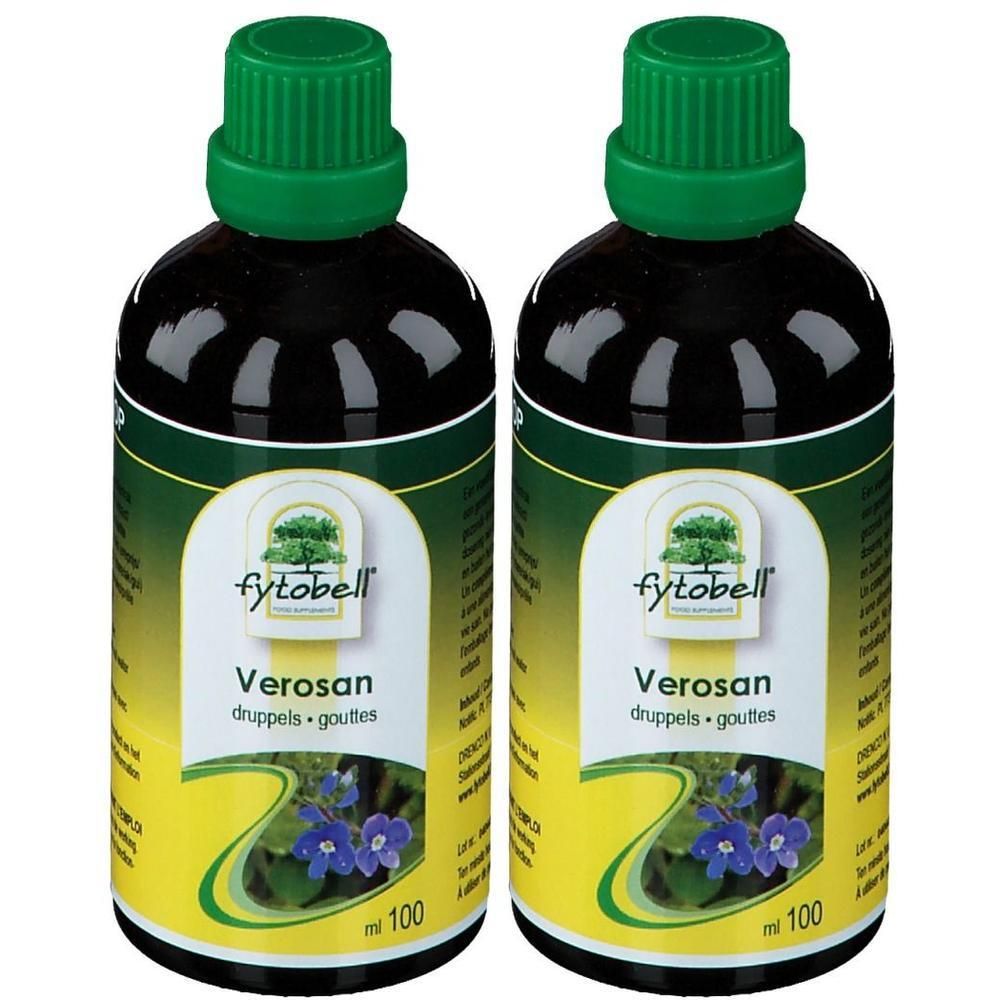 Deux flacons Fytobell Verosan, 100 ml chacun, avec bouchons verts et étiquettes à motif floral.