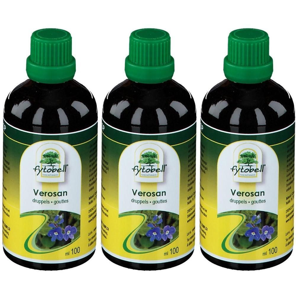 Trois flacons de Fytobell Verosan avec bouchons verts. Liquide sombre, étiquette avec motif floral et '100 ml'.