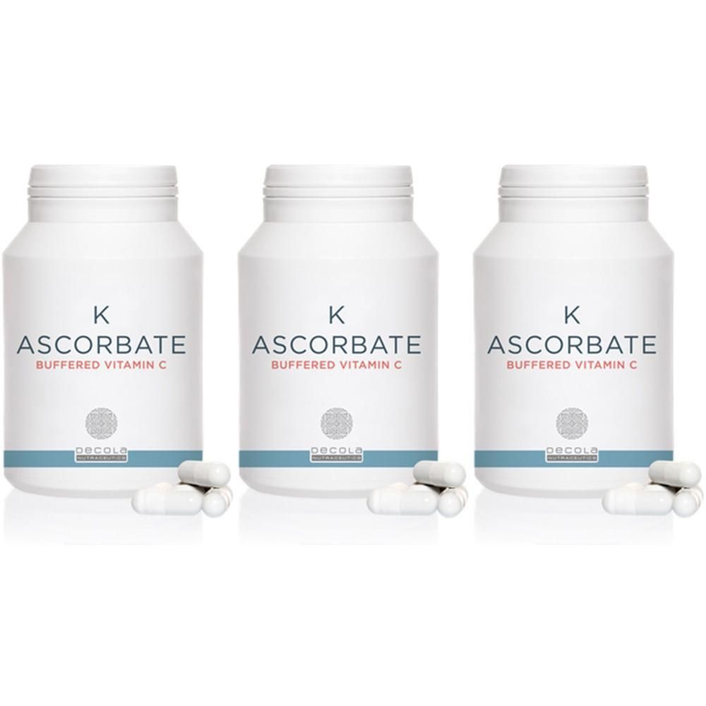 Drie potjes met K-Ascorbaat, gebufferd vitamine C, en capsules.