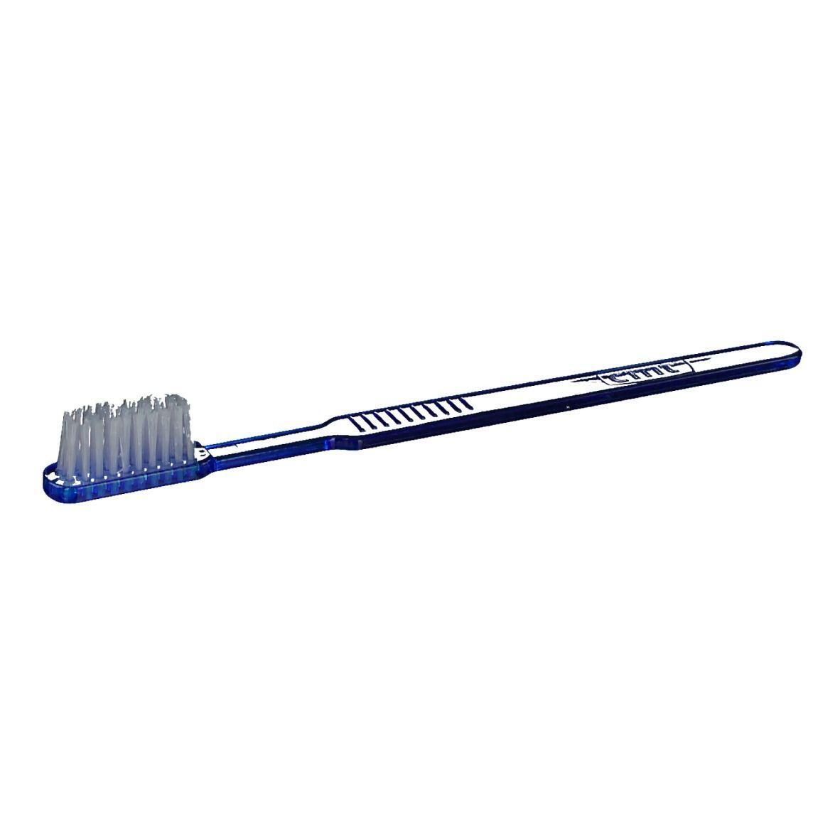 Brosse à dents jetable bleue avec poils transparents.