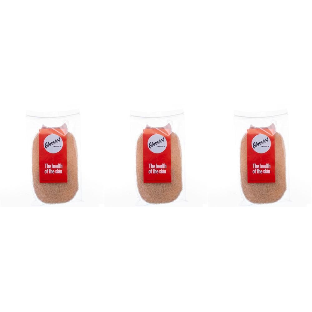 Trois gants de massage beiges dans un emballage transparent avec étiquette rouge.