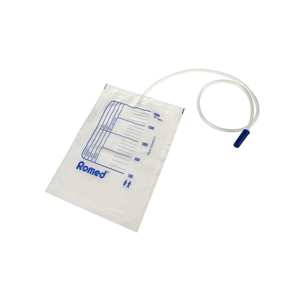 Poche à urine de 2000 ml avec échelle de mesure. Avec tube et connecteur bleu.