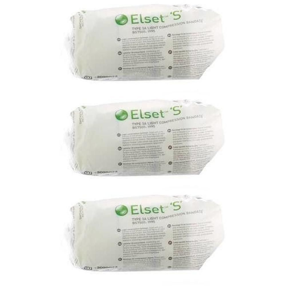 Drie verpakkingen Elset S lichte compressiezwachtels, type 3A. Elke zwachtel is individueel verpakt.