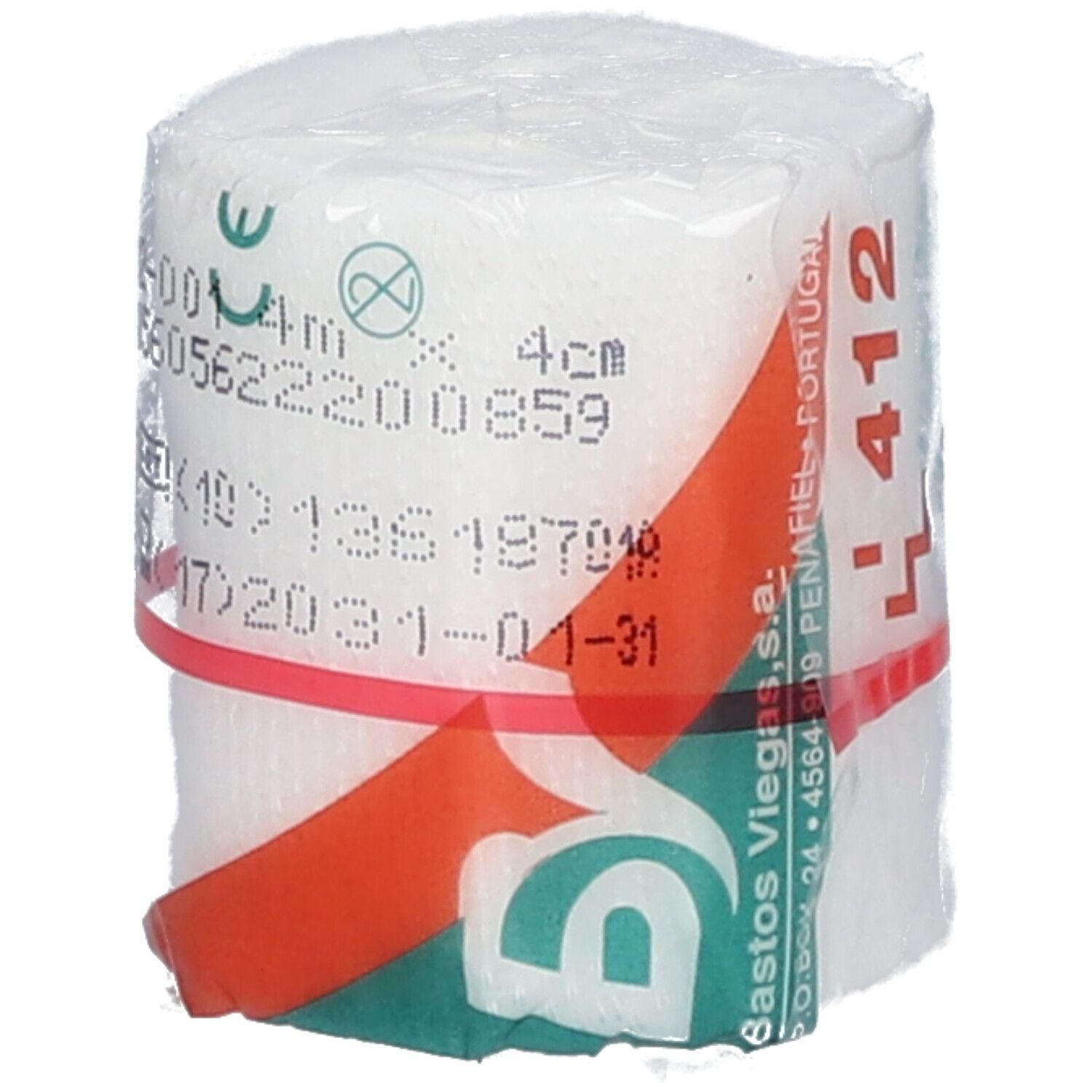Bande élastique, 4 cm de large, blanche, emballée sous film.