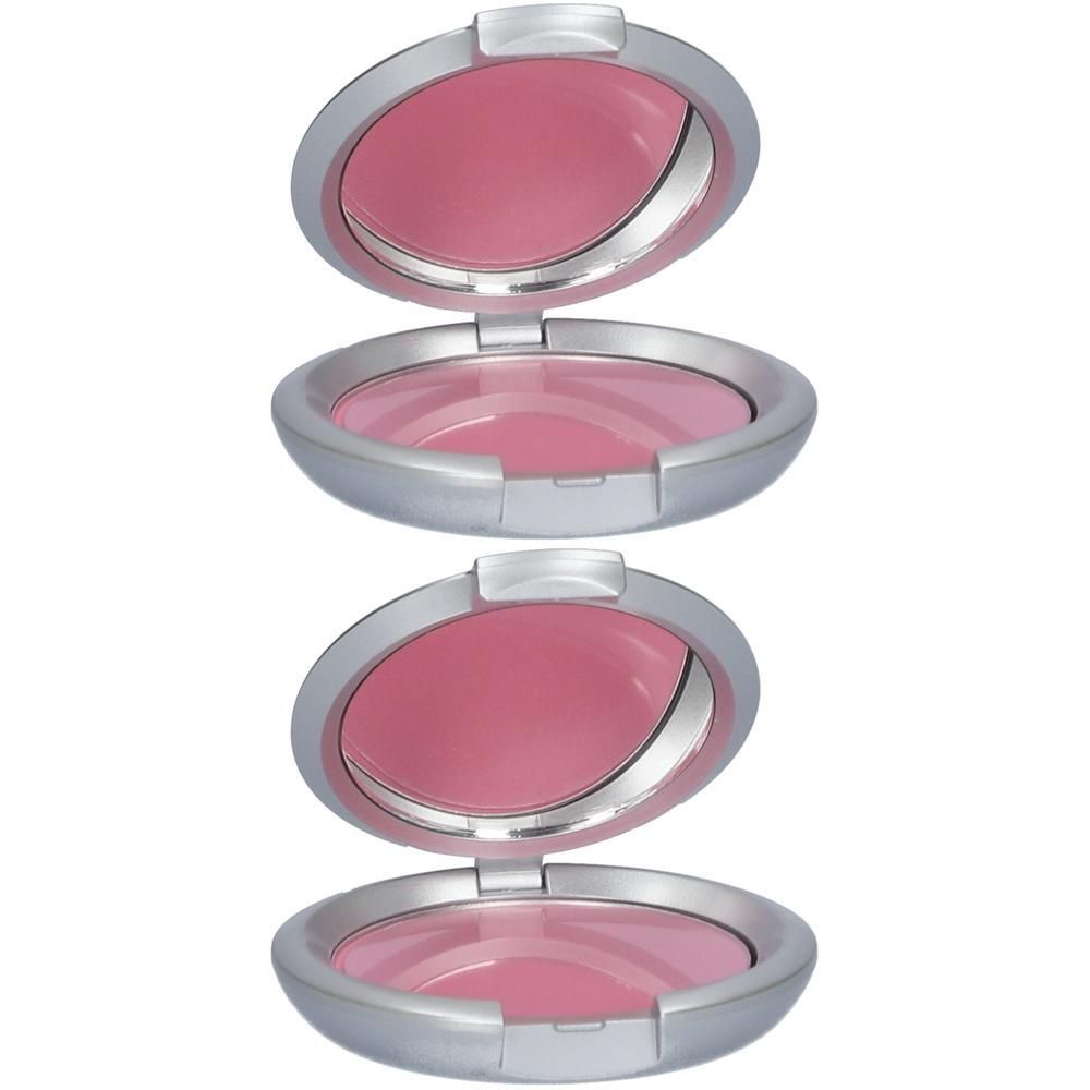 Deux boîtiers ouverts de poudre pour joues avec fard rose et miroir.