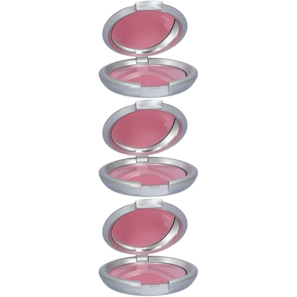 Vier geopende poederdoosjes met roze blush en zilveren omhulsel.