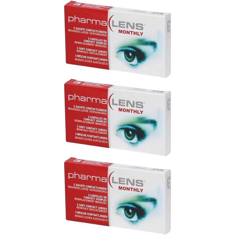 Drie pakken PharmaLens Lenzen (Maandelijks). Witte dozen met rode streep en oogafbeelding.