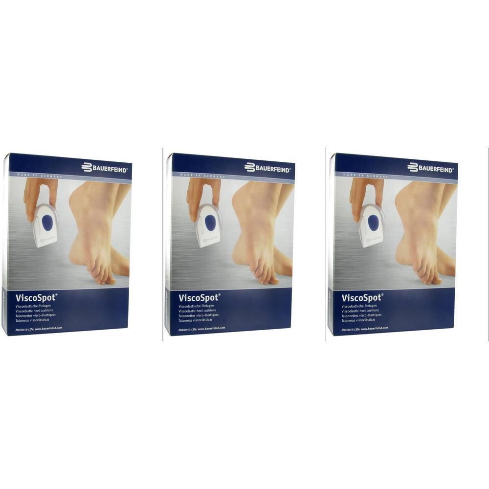 Trois boîtes de ViscoSpot® Talonette viscoélastique, Taille 2. Montre une main tenant un produit devant un pied.