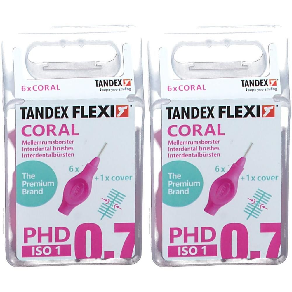 Deux paquets de brosses interdentaires Tandex Flexi Coral, taille 0.7mm, rose.