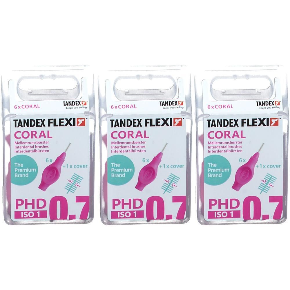 Trois paquets de brosses interdentaires Tandex Flexi Coral, taille 0.7, ISO 1, avec 6 brosses et capuchons par paquet.