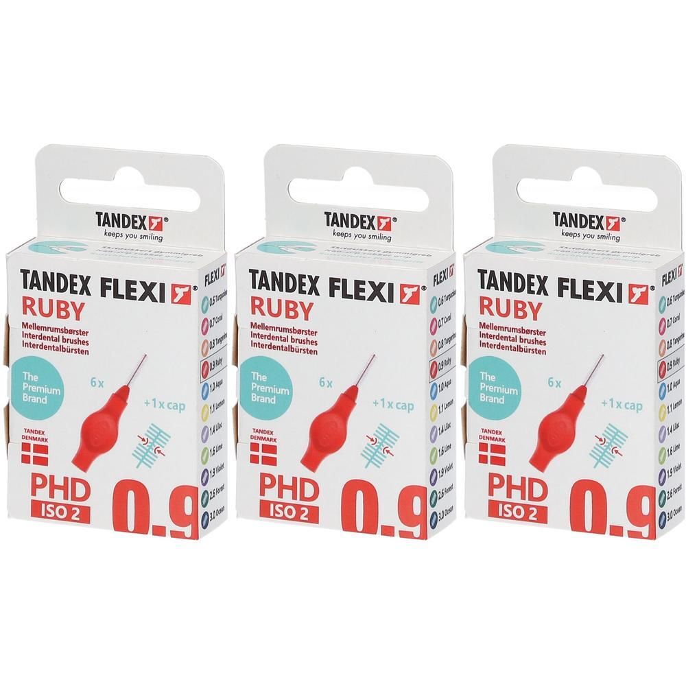Trois paquets de brosses interdentaires Tandex Flexi Ruby, ISO 2, 0.9mm. Brosses rouges avec capuchon.