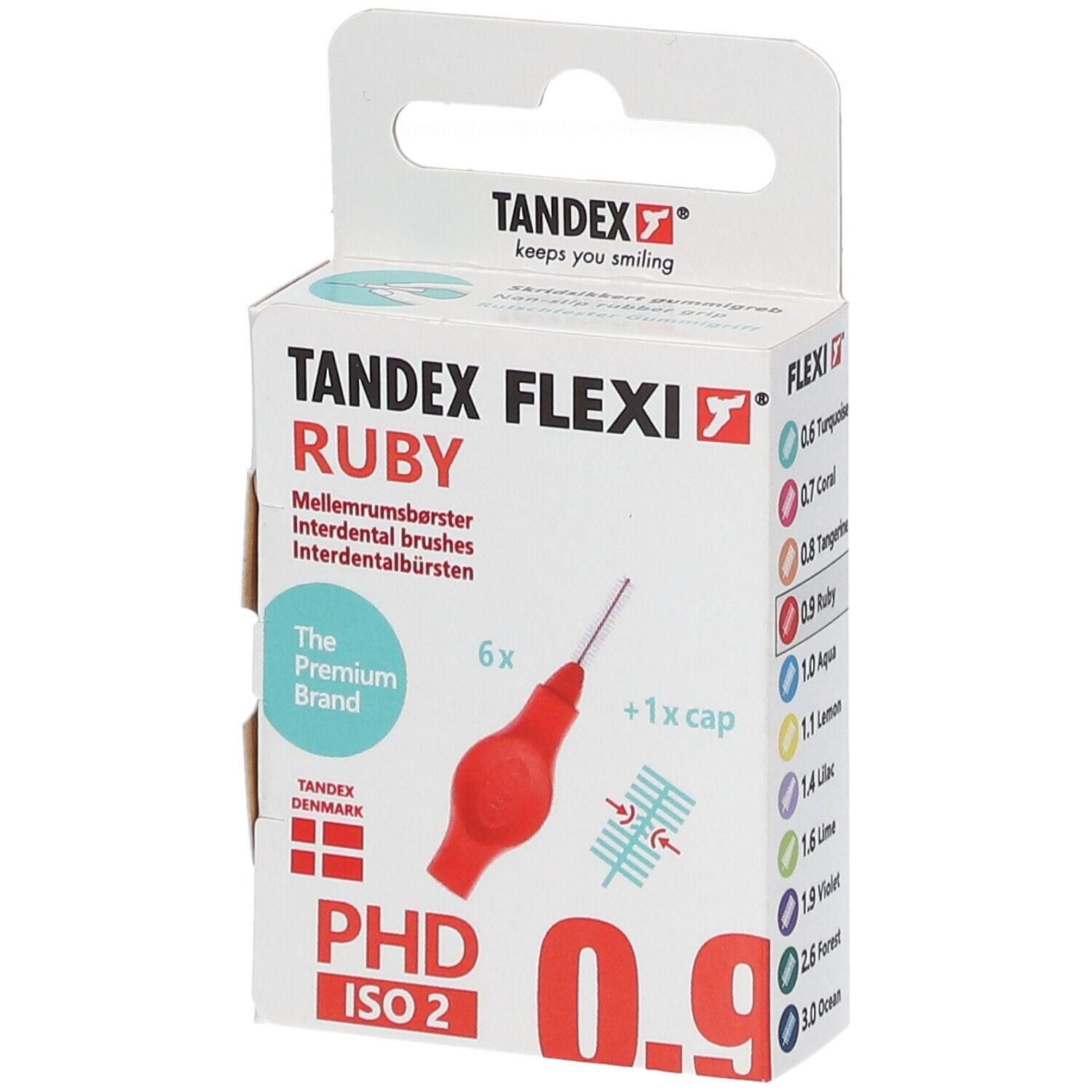 Verpakking met 6 rode TANDEX FLEXI RUBY interdentale borstels, ISO 2, 0.9mm. Inclusief beschermkapje.