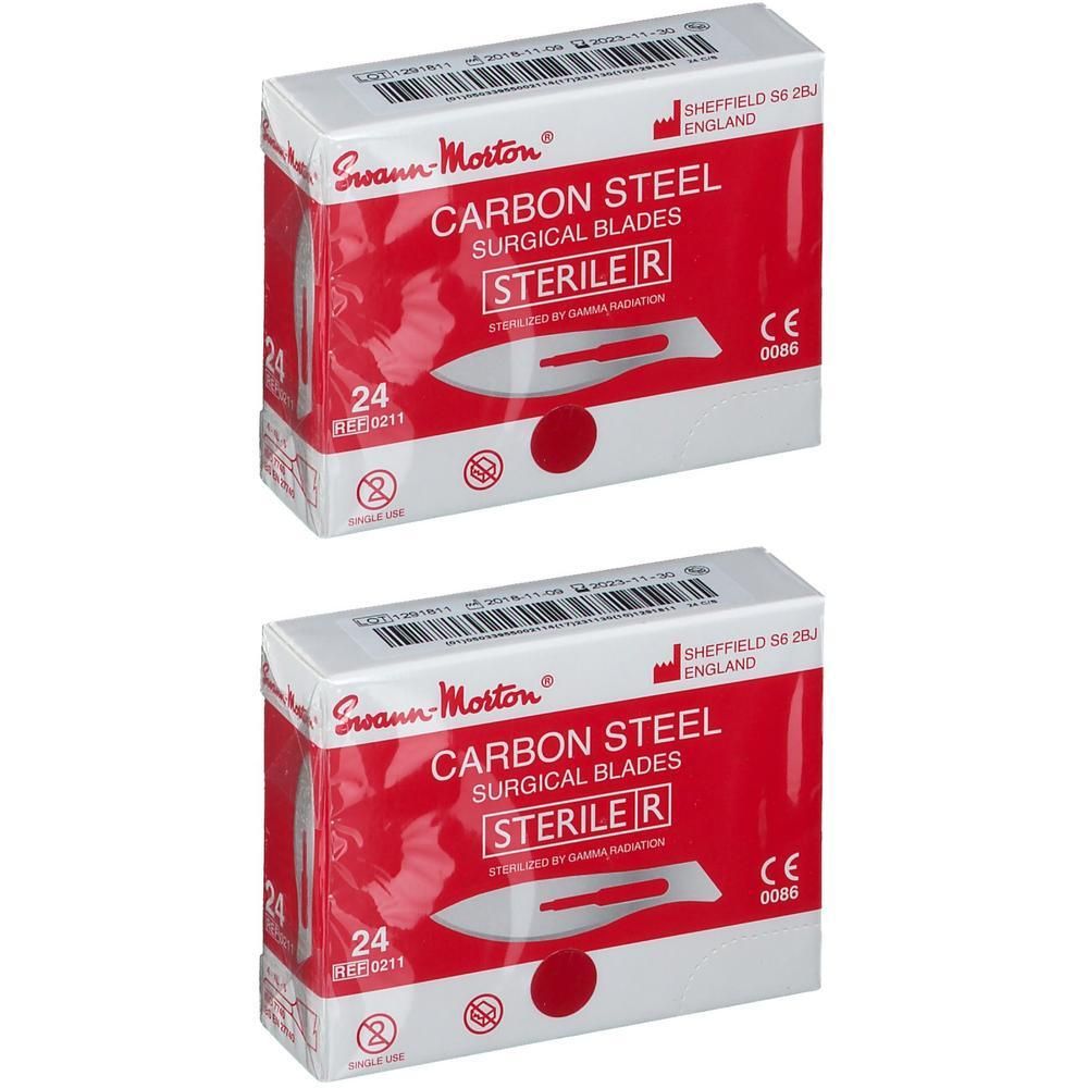Twee pakken Swann-Morton chirurgische mesjes van koolstofstaal, steriel, nr. 24.
