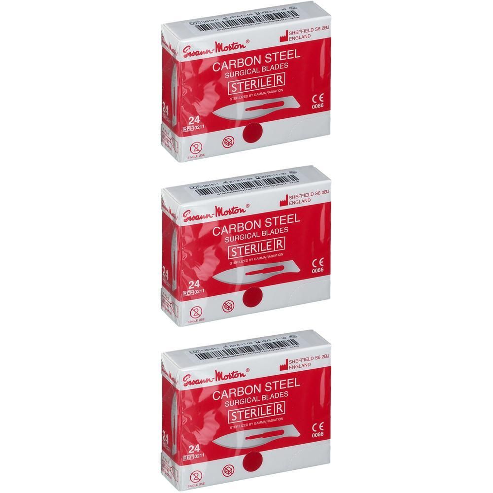 Trois boîtes de lames chirurgicales Swann-Morton n° 24, stériles, en acier au carbone.