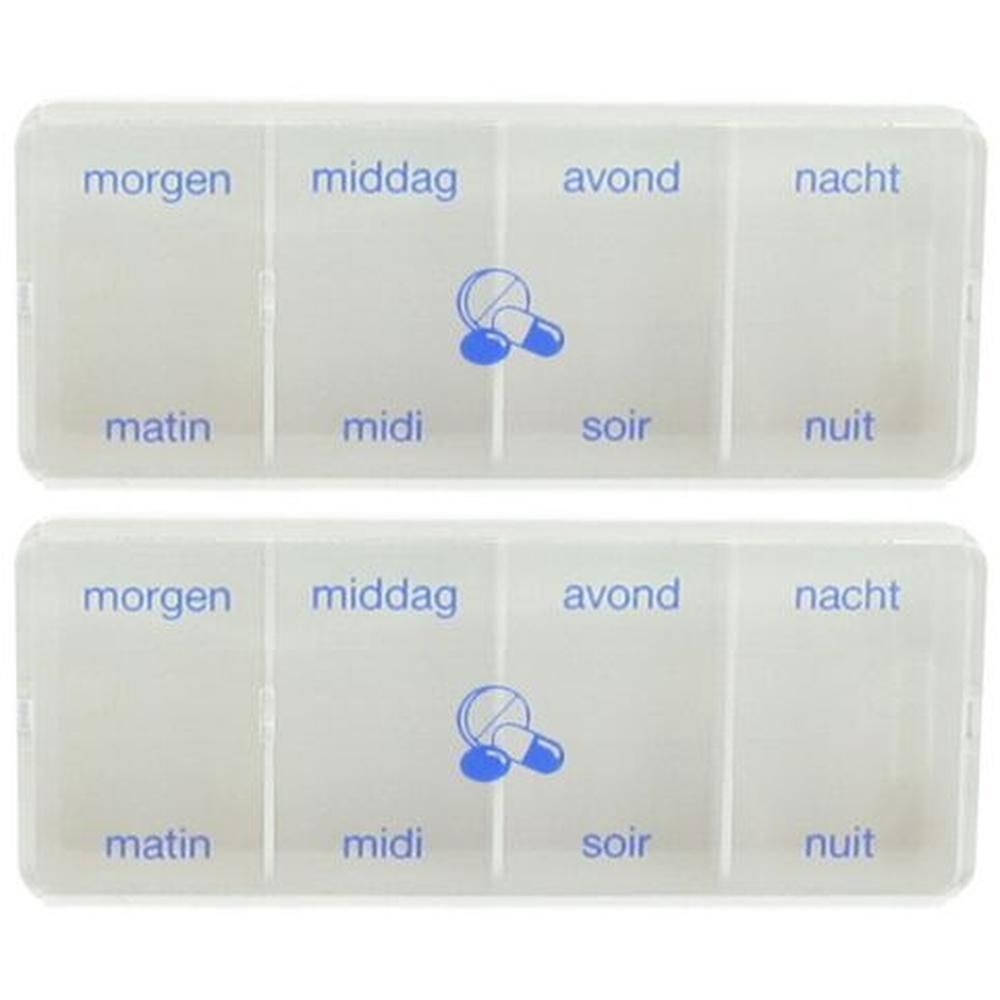 Twee doorzichtige pillendoosjes met elk 8 vakjes voor morgen, middag, avond, nacht.