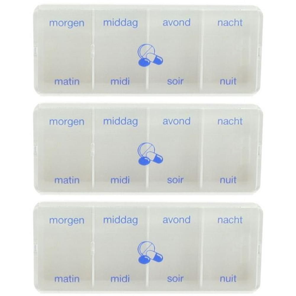 Trois piluliers transparents avec 8 compartiments chacun pour matin, midi, soir, nuit.